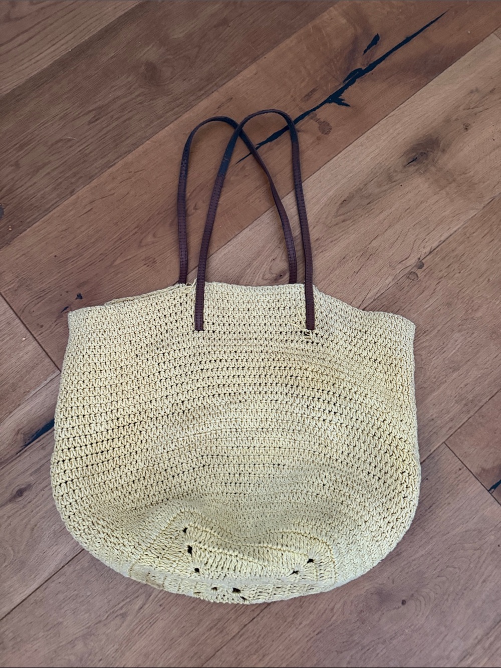 J. Crew Pale Yellow Woven Tote with Brown Straps